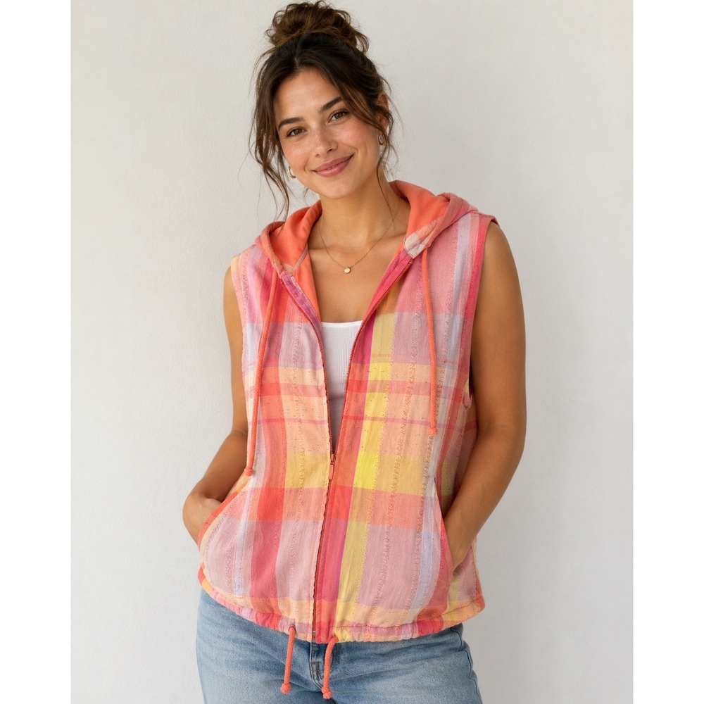 Christopher & Banks Womens Large Pink Plaid Hooded Zip Up Vest Sleeveless Jacket